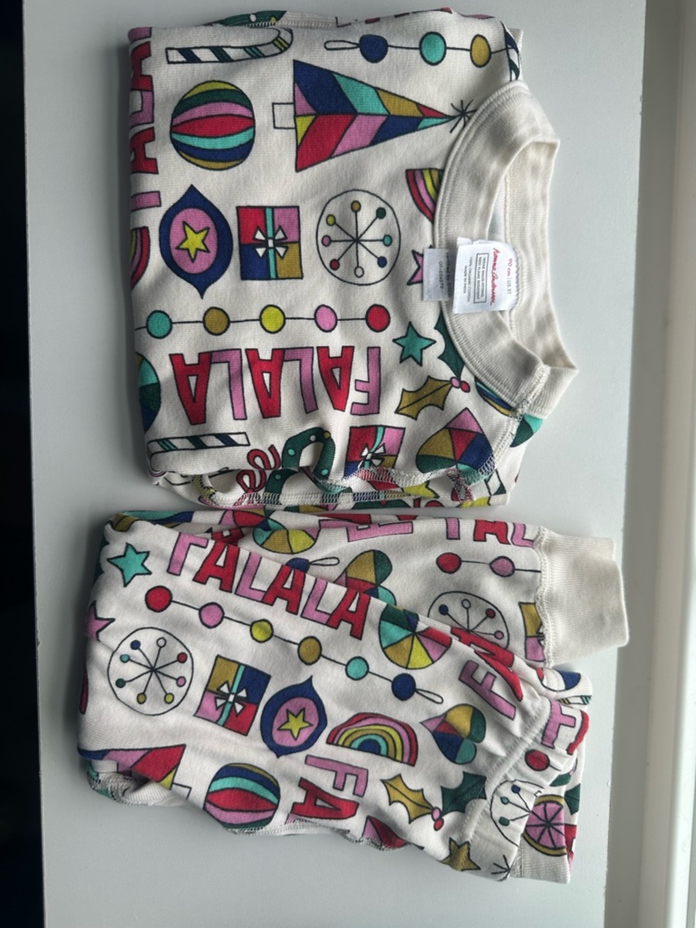 Holiday 'Fa La La' Cream Pajama Set with Multicolor Print